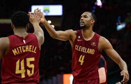 Apr 2, 2023; Cleveland, Ohio, USA; Cleveland Cavaliers forward Evan Mobley (4) celebrates with guard Donovan Mitchell (45) during the second half against the Indiana Pacers at Rocket Mortgage FieldHouse. Mandatory Credit: Ken Blaze-USA TODAY Sports
