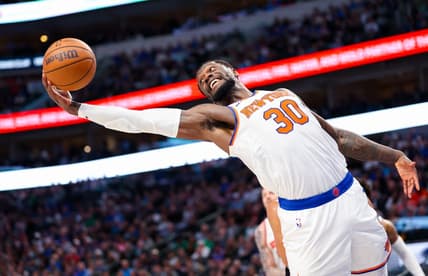 Jan 11, 2024; Dallas, Texas, USA;  New York Knicks forward Julius Randle (30) grabs a rebound during the first half against the Dallas Mavericks at American Airlines Center. Mandatory Credit: Kevin Jairaj-USA TODAY Sports