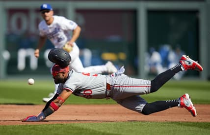 Mar 30, 2024; Kansas City, Missouri, USA; Minnesota Twins third baseman Willi Castro (50) is caught stealing second base against the Kansas City Royals during the third inning at Kauffman Stadium. Mandatory Credit: Jay Biggerstaff-USA TODAY Sports