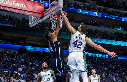 Jan 15, 2022; Dallas, Texas, USA;  Dallas Mavericks forward Maxi Kleber (42) blocks the shot of Orlando Magic guard Gary Harris (14) during the first quarter at American Airlines Center. Mandatory Credit: Kevin Jairaj-USA TODAY Sports