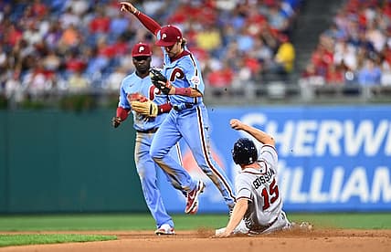 Jun 30, 2022; Philadelphia, Pennsylvania, USA; Philadelphia Phillies infielder Bryson Stott (5) forces out Atlanta Braves infielder Phil Gosselin (15) in the seventh inning at Citizens Bank Park. Mandatory Credit: Kyle Ross-USA TODAY Sports