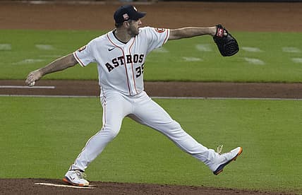 Jul 7, 2022; Houston, Texas, USA;  Houston Astros starting pitcher Justin Verlander (35) pitches against the Kansas City Royals in the fifth inning at Toyota Center. Mandatory Credit: Thomas Shea-USA TODAY Sports