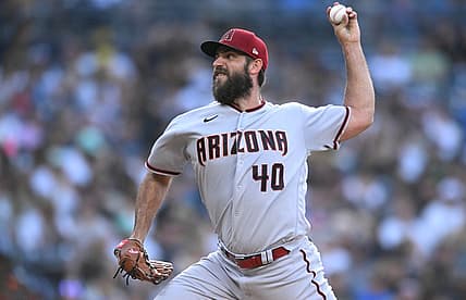 Jul 15, 2022; San Diego, California, USA; Arizona Diamondbacks starting pitcher Madison Bumgarner (40) throws a pitch against the San Diego Padres during the first inning at Petco Park. Mandatory Credit: Orlando Ramirez-USA TODAY Sports