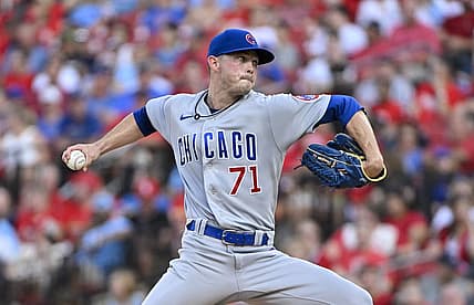 Aug 2, 2022; St. Louis, Missouri, USA;  Chicago Cubs starting pitcher Keegan Thompson (71) pitches against the St. Louis Cardinals during the first inning at Busch Stadium. Mandatory Credit: Jeff Curry-USA TODAY Sports