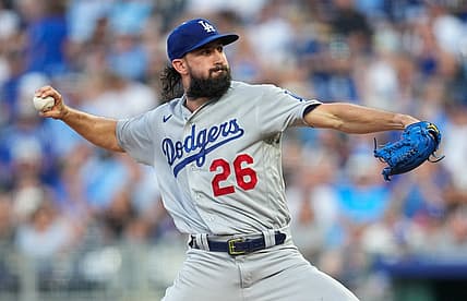 Aug 12, 2022; Kansas City, Missouri, USA; Los Angeles Dodgers starting pitcher Tony Gonsolin (26) pitches against the Kansas City Royals during the first inning at Kauffman Stadium. Mandatory Credit: Jay Biggerstaff-USA TODAY Sports