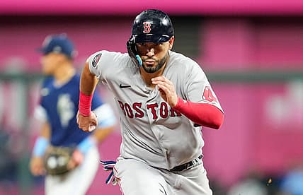 Aug 5, 2022; Kansas City, Missouri, USA; Boston Red Sox first baseman Eric Hosmer (35) runs toward third base during the sixth inning against the Kansas City Royals at Kauffman Stadium. Mandatory Credit: Jay Biggerstaff-USA TODAY Sports