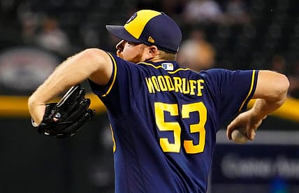 Sep 1, 2022; Phoenix, Arizona, USA; Milwaukee Brewers starting pitcher Brandon Woodruff (53) throws to the Arizona Diamondbacks in the first inning at Chase Field. Mandatory Credit: Rob Schumacher-Arizona Republic

Mlb Brewers At Diamondbacks
