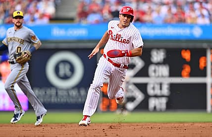Jul 18, 2023; Philadelphia, Pennsylvania, USA; Philadelphia Phillies catcher J.T. Realmuto (10) advances to third against the Milwaukee Brewers in the second inning at Citizens Bank Park. Mandatory Credit: Kyle Ross-USA TODAY Sports
