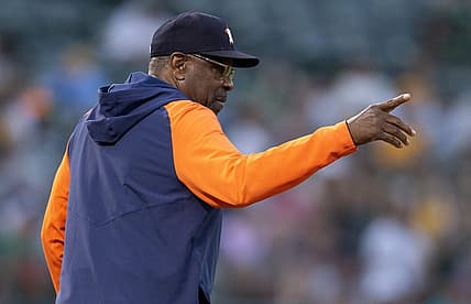 Jul 22, 2023; Oakland, California, USA; Houston Astros manager Dusty Baker Jr. summons a relief pitcher during the sixth inning against the Oakland Athletics at Oakland-Alameda County Coliseum. Mandatory Credit: D. Ross Cameron-USA TODAY Sports