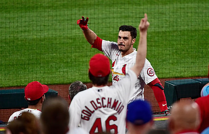 May 3, 2021; St. Louis, Missouri, USA;  St. Louis Cardinals third baseman Nolan Arenado (28) salutes the fans as he receives a standing ovation after hitting a three run home run during the third inning against the New York Mets at Busch Stadium. Mandatory Credit: Jeff Curry-USA TODAY Sports
