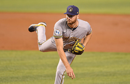 May 8, 2021; Miami, Florida, USA; Milwaukee Brewers starting pitcher Adrian Houser (37) pitches against the Miami Marlins during the second inning at loanDepot Park. Mandatory Credit: Jim Rassol-USA TODAY Sports