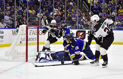 Nov 16, 2021; St. Louis, Missouri, USA;  Arizona Coyotes center Barrett Hayton (29) shoots and scores against St. Louis Blues goaltender Jordan Binnington (50) during the second period at Enterprise Center. Mandatory Credit: Jeff Curry-USA TODAY Sports