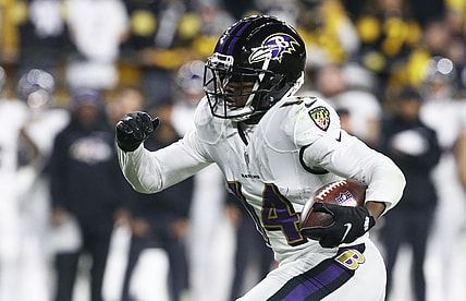 Dec 5, 2021; Pittsburgh, Pennsylvania, USA;  Baltimore Ravens wide receiver Sammy Watkins (14) runs after a catch against the Pittsburgh Steelers during the fourth quarter at Heinz Field.Pittsburgh won 20-19.  Mandatory Credit: Charles LeClaire-USA TODAY Sports