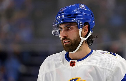 Feb 1, 2023; Buffalo, New York, USA;  Buffalo Sabres right wing Alex Tuch (89) during a stoppage in play against the Carolina Hurricanes during the second period at KeyBank Center. Mandatory Credit: Timothy T. Ludwig-USA TODAY Sports