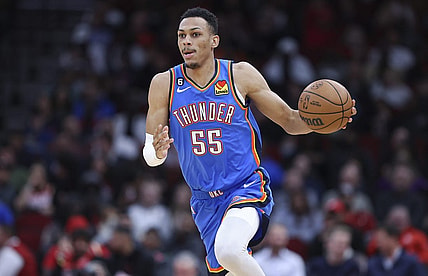 Feb 1, 2023; Houston, Texas, USA; Oklahoma City Thunder forward Darius Bazley (55) dribbles the ball during the fourth quarter against the Houston Rockets at Toyota Center. Mandatory Credit: Troy Taormina-USA TODAY Sports