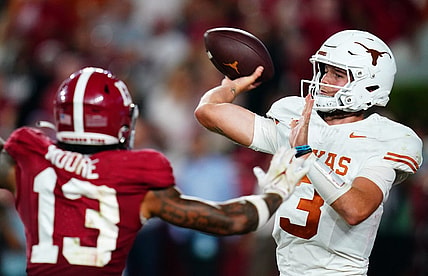 Sep 9, 2023; Tuscaloosa, Alabama, USA; Texas Longhorns quarterback Quinn Ewers (3) passing against the Alabama Crimson Tide during the third quarter at Bryant-Denny Stadium. Mandatory Credit: John David Mercer-USA TODAY Sports