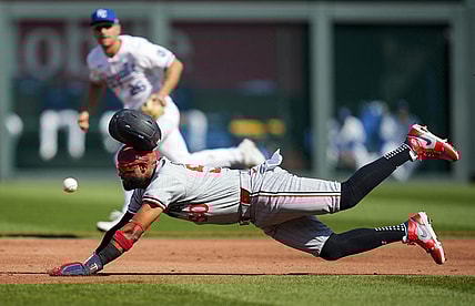 Mar 30, 2024; Kansas City, Missouri, USA; Minnesota Twins third baseman Willi Castro (50) is caught stealing second base against the Kansas City Royals during the third inning at Kauffman Stadium. Mandatory Credit: Jay Biggerstaff-USA TODAY Sports
