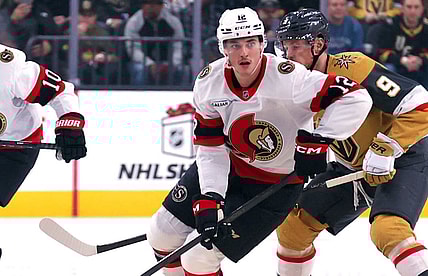 Ottawa Senators forward Shane Pinto skates through the neutral zone in the first period against the Vegas Golden Knights 11/26/2025 (Photo/Screenshot- Ottawa Senators via Twitter)