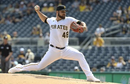 Aug 14, 2021; Pittsburgh, Pennsylvania, USA;  Pittsburgh Pirates starting pitcher Bryse Wilson (48) delivers a pitch against the Milwaukee Brewers during the first inning at PNC Park. Mandatory Credit: Charles LeClaire-USA TODAY Sports