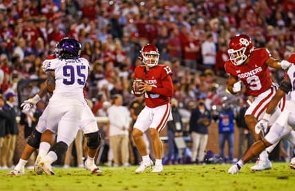 Oct 16, 2021; Norman, Oklahoma, USA; Oklahoma Sooners quarterback Caleb Williams (13) in action during the game  against the TCU Horned Frogs at Gaylord Family-Oklahoma Memorial Stadium. Mandatory Credit: Kevin Jairaj-USA TODAY Sports