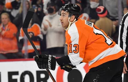 Nov 16, 2021; Philadelphia, Pennsylvania, USA;  Philadelphia Flyers center Kevin Hayes (13) against the Calgary Flames at Wells Fargo Center. Mandatory Credit: Eric Hartline-USA TODAY Sports