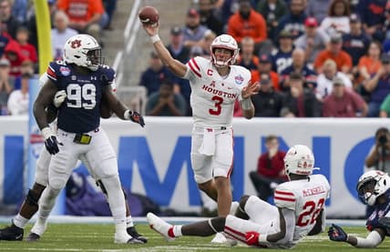 Dec 28, 2021; Birmingham, Alabama, USA; Houston Cougars quarterback Clayton Tune (3) passes against the Auburn Tigers during the second half of the 2021 Birmingham Bowl at Protective Stadium. Mandatory Credit: Marvin Gentry-USA TODAY Sports