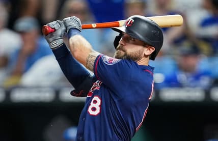 Sep 20, 2022; Kansas City, Missouri, USA; Minnesota Twins left fielder Jake Cave (8) bats against the Kansas City Royals during the eighth inning at Kauffman Stadium. Mandatory Credit: Jay Biggerstaff-USA TODAY Sports