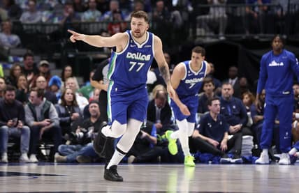 Nov 29, 2022; Dallas, Texas, USA;  Dallas Mavericks guard Luka Doncic (77) reacts during the first quarter against the Golden State Warriors  at American Airlines Center. Mandatory Credit: Kevin Jairaj-USA TODAY Sports