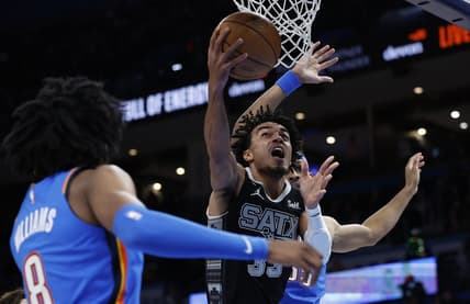 Dec 27, 2022; Oklahoma City, Oklahoma, USA; San Antonio Spurs guard Tre Jones (33) goes to the basket against the Oklahoma City Thunder during the first quarter at Paycom Center. Mandatory Credit: Alonzo Adams-USA TODAY Sports