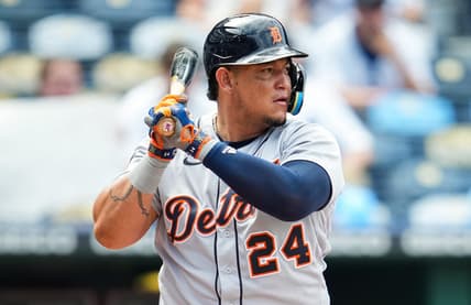 Jul 11, 2022; Kansas City, Missouri, USA; Detroit Tigers designated hitter Miguel Cabrera (24) bats against the Kansas City Royals during the ninth inning at Kauffman Stadium. Mandatory Credit: Jay Biggerstaff-USA TODAY Sports
