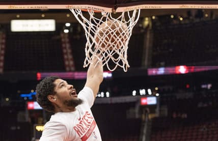 Mar 11, 2023; Houston, Texas, USA; Houston Rockets guard Daishen Nix (15) dunks during warms ups before playing against the Chicago Bulls at Toyota Center. Mandatory Credit: Thomas B. Shea-USA TODAY Sports