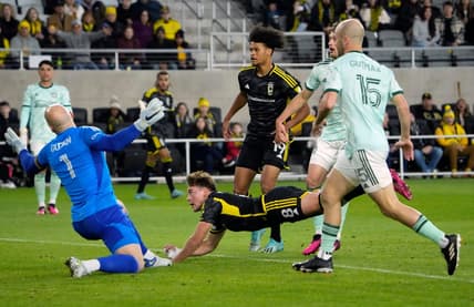Mar 25, 2023; Columbus, Ohio, USA;  Columbus Crew midfielder Aidan Morris (8) scores a header goal against Atlanta United goalkeeper Brad Guzan (1) during the first half of their MLS game at Lower.com Stadium.

Ceb Crew Atlanta Kwr 01