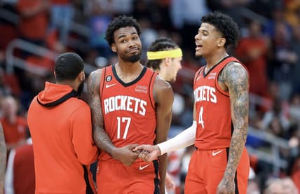 Apr 4, 2023; Houston, Texas, USA; Houston Rockets forward Tari Eason (17) and guard Jalen Green (4) celebrate after a play during the fourth quarter against the Denver Nuggets at Toyota Center. Mandatory Credit: Troy Taormina-USA TODAY Sports
