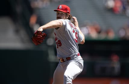 Apr 27, 2023; San Francisco, California, USA; St. Louis Cardinals starting pitcher Miles Mikolas (39) delivers a pitch against the San Francisco Giants during the first inning at Oracle Park. Mandatory Credit: D. Ross Cameron-USA TODAY Sports