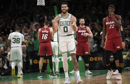 May 17, 2023; Boston, Massachusetts, USA; Boston Celtics forward Jayson Tatum (0) reacts after a play during the first half against the Miami Heat in game one of the Eastern Conference Finals for the 2023 NBA playoffs at TD Garden. Mandatory Credit: Bob DeChiara-USA TODAY Sports