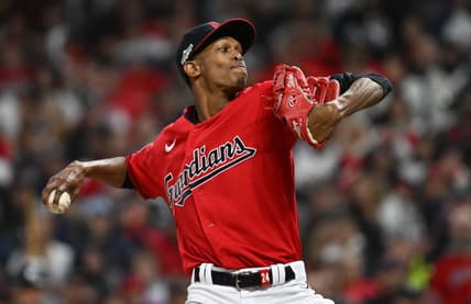 Oct 15, 2022; Cleveland, Ohio, USA; Cleveland Guardians starting pitcher Triston McKenzie (24) throws a pitch against the New York Yankees in the first inning during game three of the NLDS for the 2022 MLB Playoffs at Progressive Field. Mandatory Credit: Ken Blaze-USA TODAY Sports