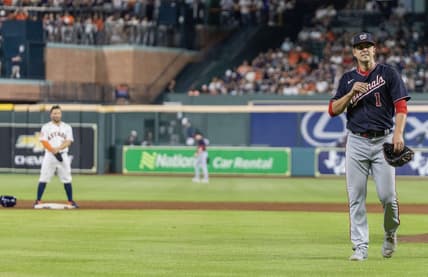 Jun 15, 2023; Houston, Texas, USA; Washington Nationals starting pitcher MacKenzie Gore (1) reacts after being leaving the game against the Houston Astros in the sixth inning at Minute Maid Park. Mandatory Credit: Thomas Shea-USA TODAY Sports