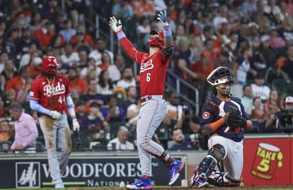 Jun 18, 2023; Houston, Texas, USA; Cincinnati Reds second baseman Jonathan India (6) crosses the plate past Houston Astros catcher Martin Maldonado (15) after hitting a home run during the eighth inning at Minute Maid Park. Mandatory Credit: Troy Taormina-USA TODAY Sports