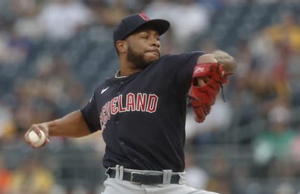 Jul 17, 2023; Pittsburgh, Pennsylvania, USA;  Cleveland Guardians starting pitcher Xzavion Curry (44) delivers a pitch against the Pittsburgh Pirates during the first inning at PNC Park. Mandatory Credit: Charles LeClaire-USA TODAY Sports