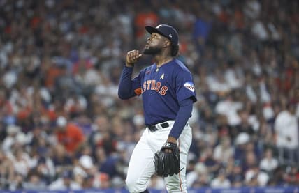 Sep 3, 2023; Houston, Texas, USA; Houston Astros starting pitcher Cristian Javier (53) looks up after pitching during the fifth inning against the New York Yankees at Minute Maid Park. Mandatory Credit: Troy Taormina-USA TODAY Sports