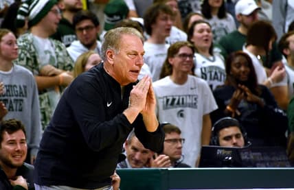 Nov 28, 2023; East Lansing, Michigan, USA; Michigan State Spartans head coach Tom Izzo reacts on the sidelines against the Georgia Southern Eagles at Jack Breslin Student Events Center. Mandatory Credit: Dale Young-USA TODAY Sports
