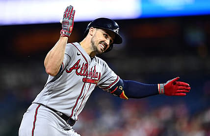Jun 29, 2022; Philadelphia, Pennsylvania, USA; Atlanta Braves outfielder Adam Duvall (14) reacts after hitting a home run against the Philadelphia Phillies in the seventh inning at Citizens Bank Park. Mandatory Credit: Kyle Ross-USA TODAY Sports