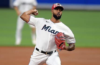 Jul 5, 2022; Miami, Florida, USA; Miami Marlins starting pitcher Sandy Alcantara (22) delivers in the third inning against the Los Angeles Angels at loanDepot Park. Mandatory Credit: Jim Rassol-USA TODAY Sports