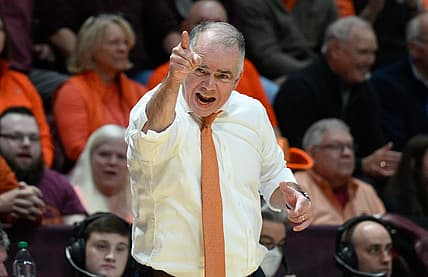 Dec 4, 2022; Blacksburg, Virginia, USA; Virginia Tech Hokies head coach Mike Young reacts to his team's play against the North Carolina Tar Heels at Cassell Coliseum. Mandatory Credit: Lee Luther Jr.-USA TODAY Sports