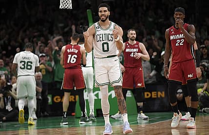 May 17, 2023; Boston, Massachusetts, USA; Boston Celtics forward Jayson Tatum (0) reacts after a play during the first half against the Miami Heat in game one of the Eastern Conference Finals for the 2023 NBA playoffs at TD Garden. Mandatory Credit: Bob DeChiara-USA TODAY Sports