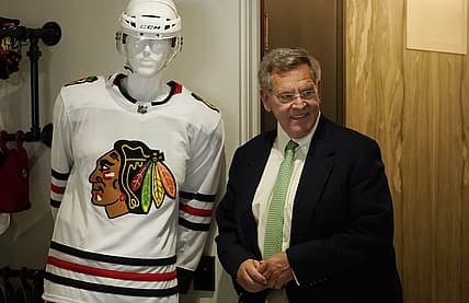 Jun 29, 2022; Chicago, IL, USA; Chicago Blackhawks owner Rocky Wirtz enters as new head coach Luke Richardson is introduced at a press conference at the Chicago Blackhawks Store. Mandatory Credit: David Banks-USA TODAY Sports