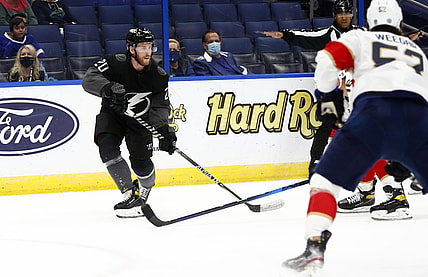 Apr 17, 2021; Tampa, Florida, USA; Tampa Bay Lightning center Blake Coleman (20) skates with the puck against the Florida Panthers during the first period at Amalie Arena. Mandatory Credit: Kim Klement-USA TODAY Sports