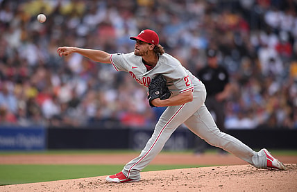 Aug 21, 2021; San Diego, California, USA; Philadelphia Phillies starting pitcher Aaron Nola (27) throws a pitch against the San Diego Padres during the second inning at Petco Park. Mandatory Credit: Orlando Ramirez-USA TODAY Sports