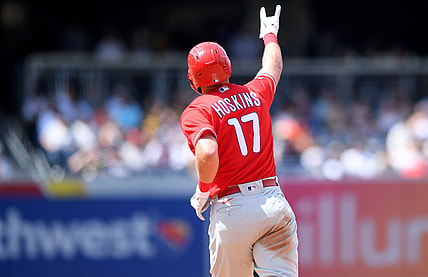 Aug 22, 2021; San Diego, California, USA; Philadelphia Phillies first baseman Rhys Hoskins (17) gestures as he rounds the bases after hitting a home run against the San Diego Padres during the fifth inning at Petco Park. Mandatory Credit: Orlando Ramirez-USA TODAY Sports