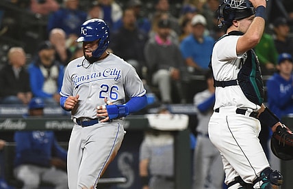 Aug 26, 2021; Seattle, Washington, USA; Kansas City Royals third baseman Emmanuel Rivera (26) scores from second base against the Seattle Mariners in the seventh inning at T-Mobile Park. Mandatory Credit: James Snook-USA TODAY Sports